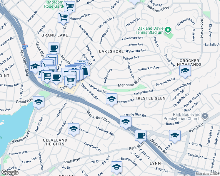 map of restaurants, bars, coffee shops, grocery stores, and more near 667 Mandana Boulevard in Oakland