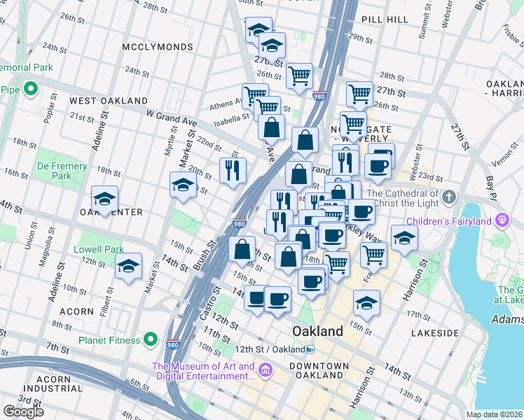 map of restaurants, bars, coffee shops, grocery stores, and more near 660 Thomas L Berkley Way in Oakland