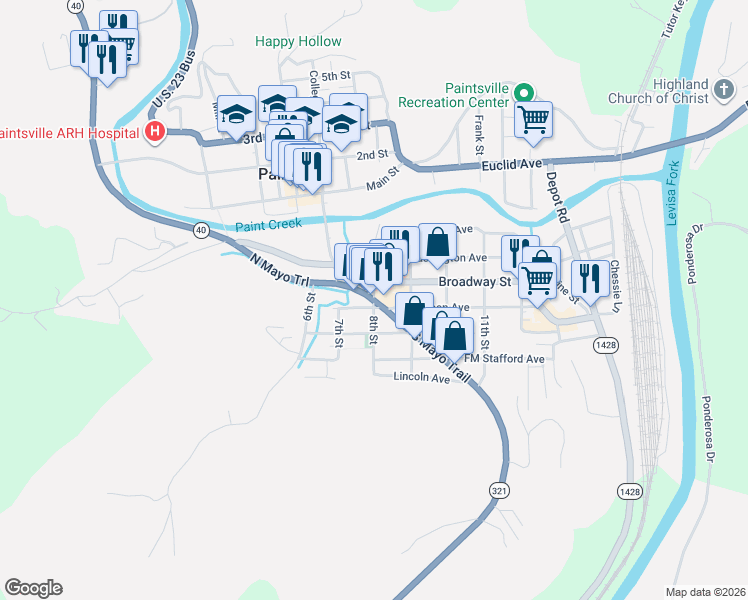 map of restaurants, bars, coffee shops, grocery stores, and more near 8th Street in Paintsville