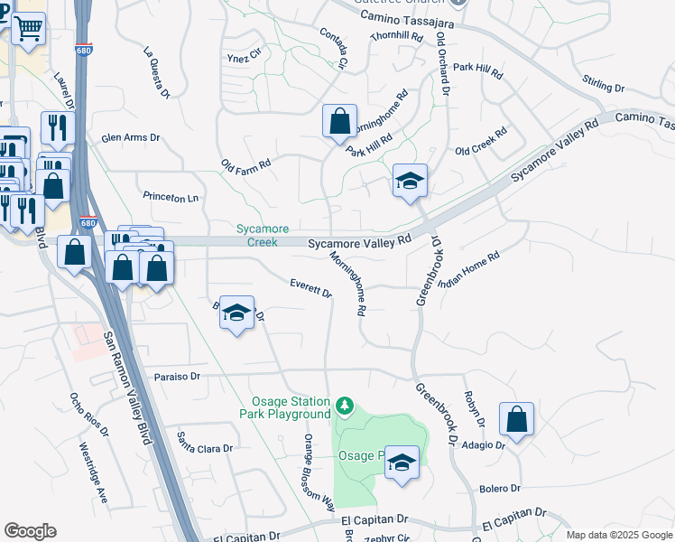 map of restaurants, bars, coffee shops, grocery stores, and more near 101 Golden Hills Court in Danville
