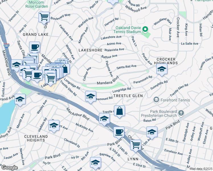 map of restaurants, bars, coffee shops, grocery stores, and more near 719 Mandana Boulevard in Oakland