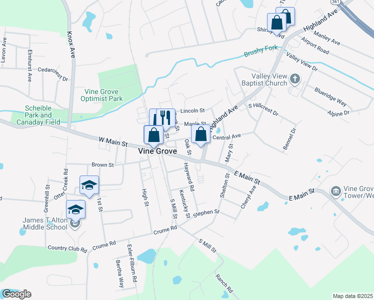 map of restaurants, bars, coffee shops, grocery stores, and more near 103 Oak Street in Vine Grove