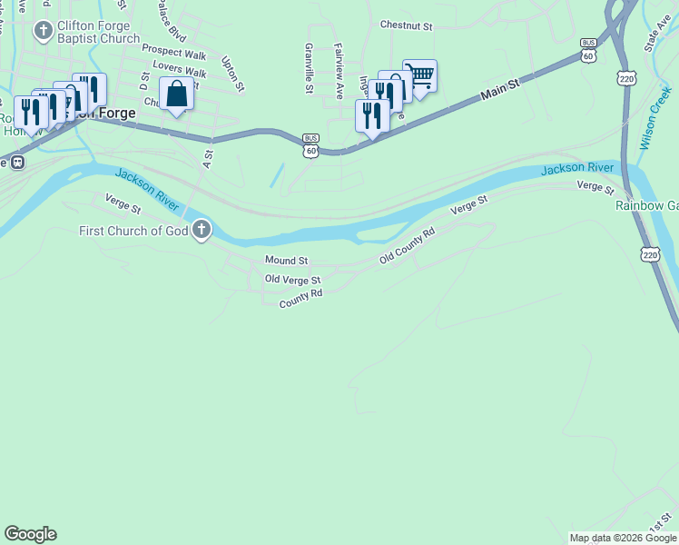 map of restaurants, bars, coffee shops, grocery stores, and more near Old County Road in Clifton Forge