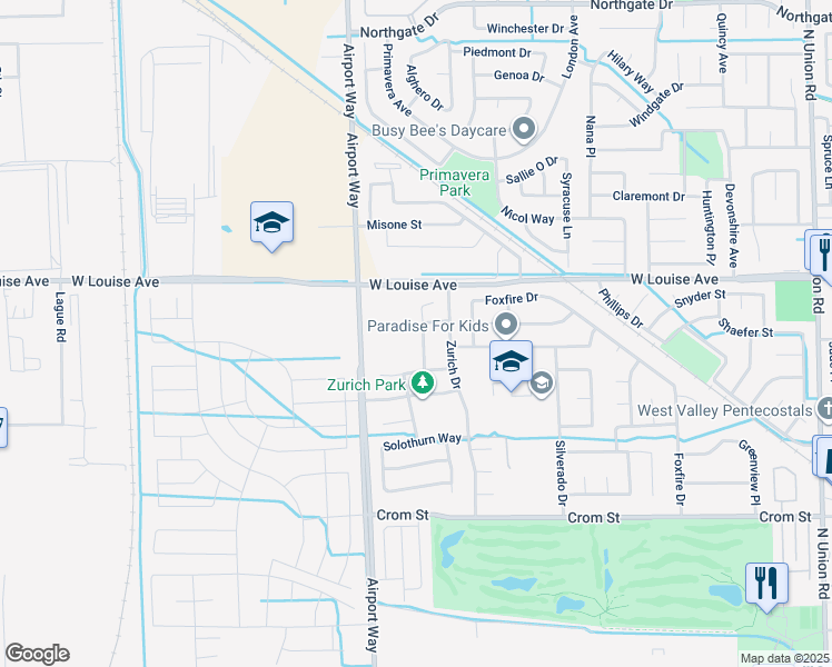 map of restaurants, bars, coffee shops, grocery stores, and more near 955 Maggiore Lane in Manteca