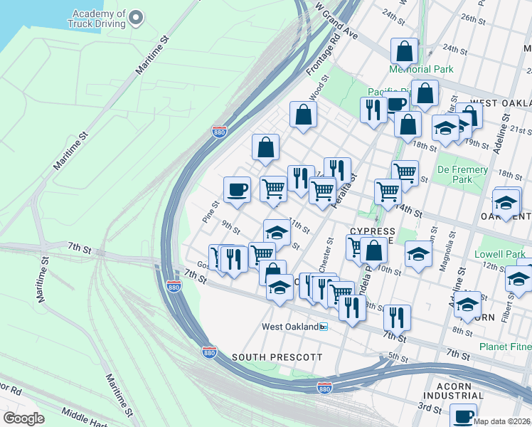 map of restaurants, bars, coffee shops, grocery stores, and more near 1694 11th Street in Oakland