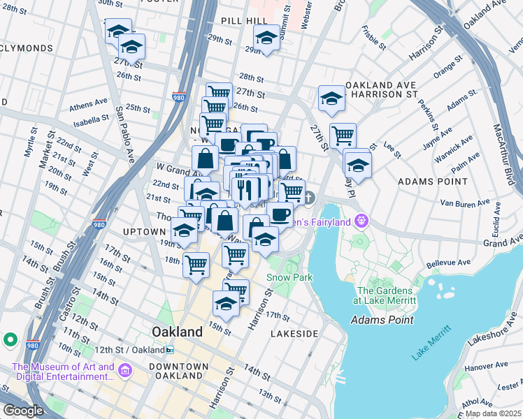 map of restaurants, bars, coffee shops, grocery stores, and more near 2101 Webster Street in Oakland