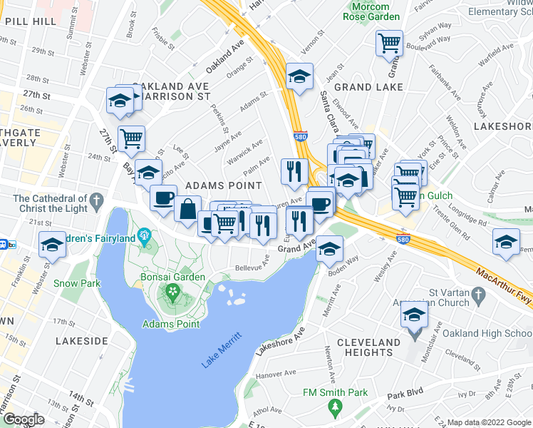 map of restaurants, bars, coffee shops, grocery stores, and more near 408 Van Buren Avenue in Oakland
