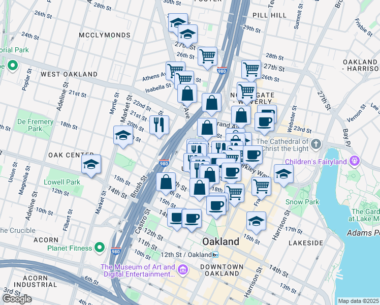 map of restaurants, bars, coffee shops, grocery stores, and more near 660 Thomas L Berkley Way in Oakland