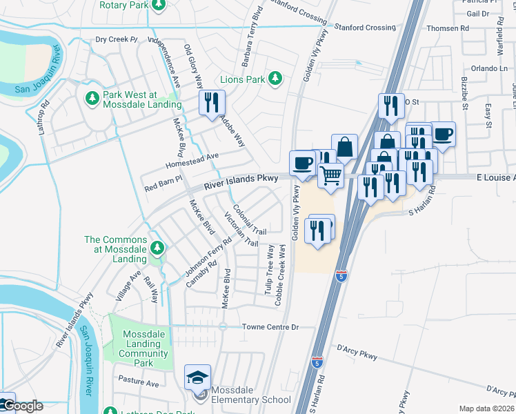 map of restaurants, bars, coffee shops, grocery stores, and more near 332 Craftsman Drive in Lathrop