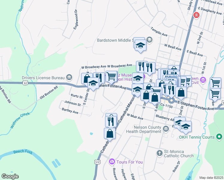 map of restaurants, bars, coffee shops, grocery stores, and more near 501 West Stephen Foster Avenue in Bardstown