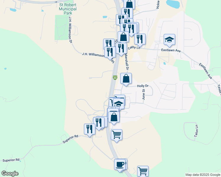 map of restaurants, bars, coffee shops, grocery stores, and more near VFW Memorial Drive in Saint Robert