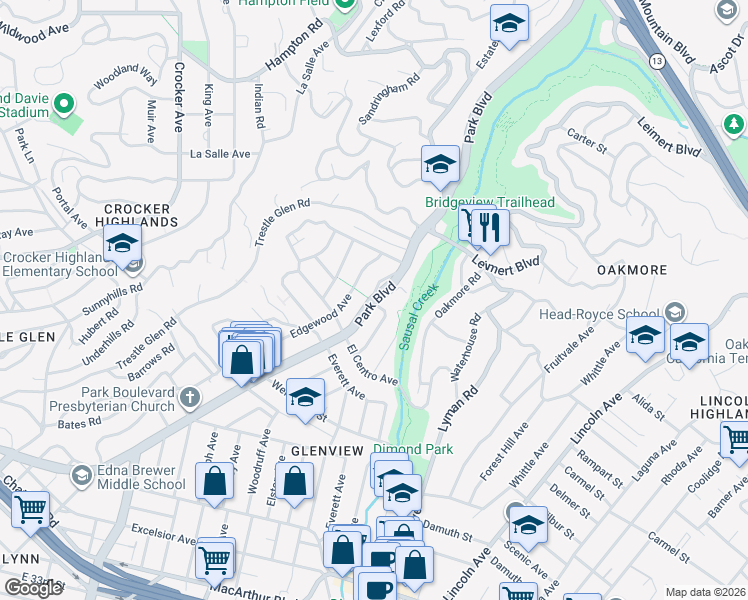 map of restaurants, bars, coffee shops, grocery stores, and more near 4655 Park Boulevard in Oakland