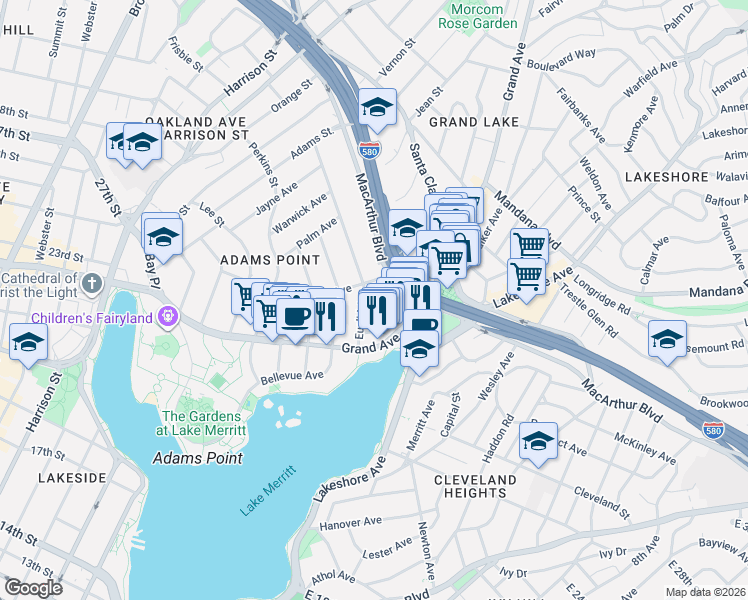 map of restaurants, bars, coffee shops, grocery stores, and more near in Oakland