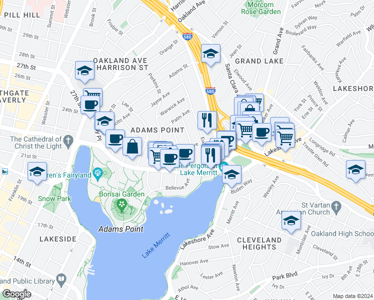 map of restaurants, bars, coffee shops, grocery stores, and more near 408 Van Buren Avenue in Oakland