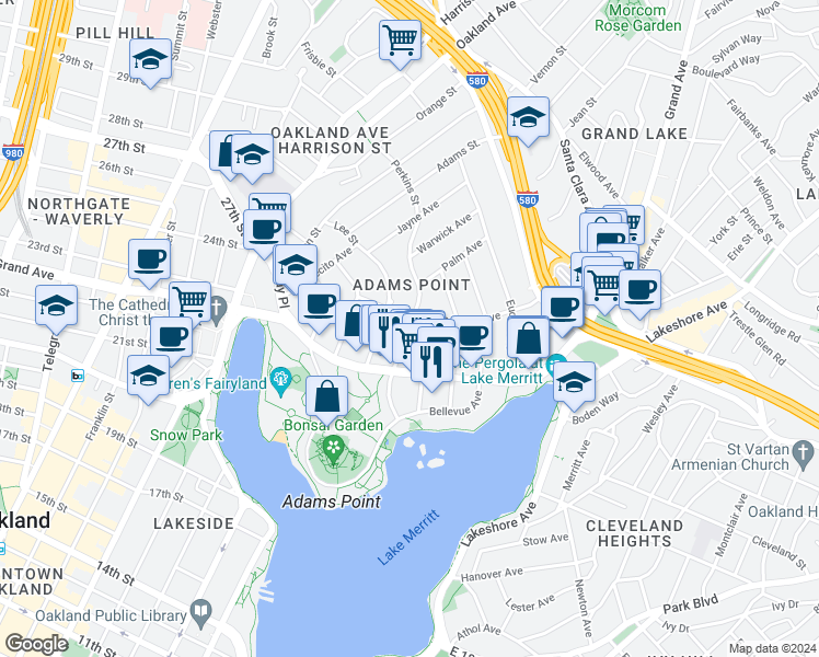 map of restaurants, bars, coffee shops, grocery stores, and more near 406 Lee Street in Oakland