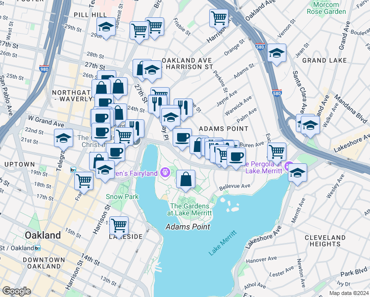 map of restaurants, bars, coffee shops, grocery stores, and more near 330 Park View Terrace in Oakland