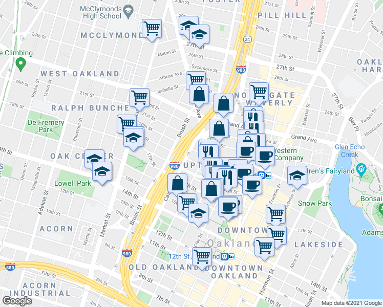 map of restaurants, bars, coffee shops, grocery stores, and more near 660 Thomas L Berkley Way in Oakland