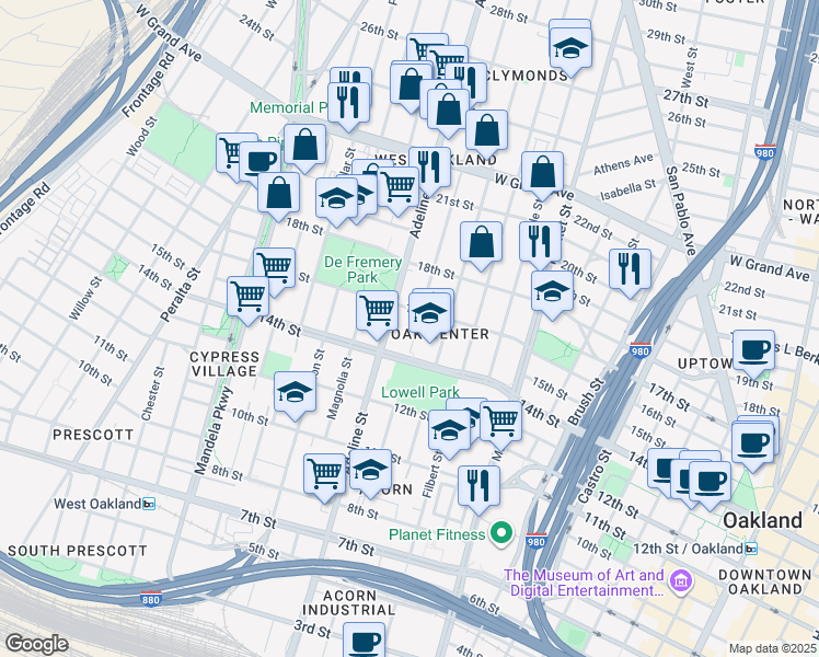 map of restaurants, bars, coffee shops, grocery stores, and more near 1524 Chestnut Street in Oakland