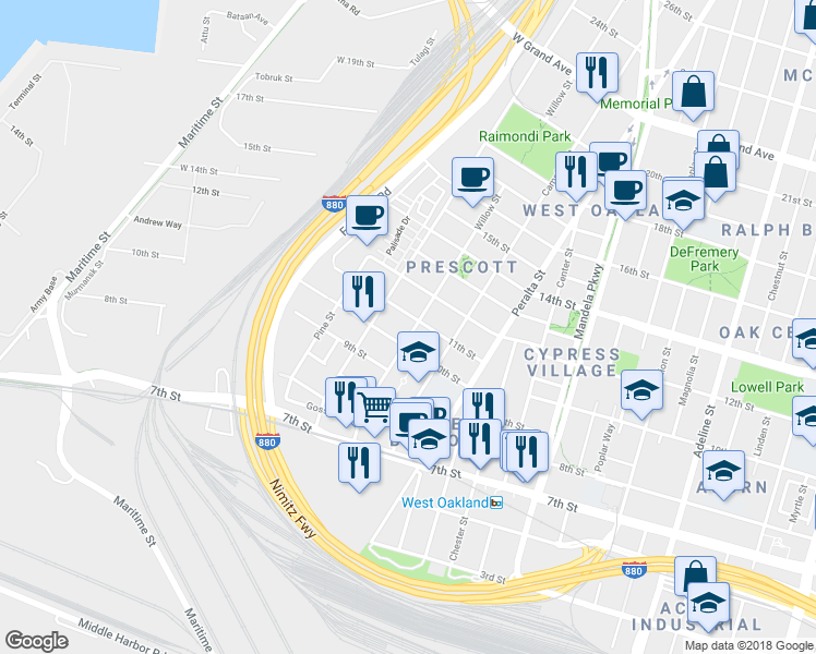 map of restaurants, bars, coffee shops, grocery stores, and more near 1694 11th Street in Oakland