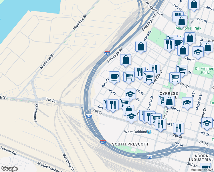 map of restaurants, bars, coffee shops, grocery stores, and more near 1773 10th Street in Oakland