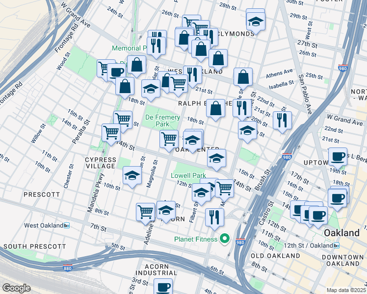 map of restaurants, bars, coffee shops, grocery stores, and more near 1509 Chestnut Street in Oakland