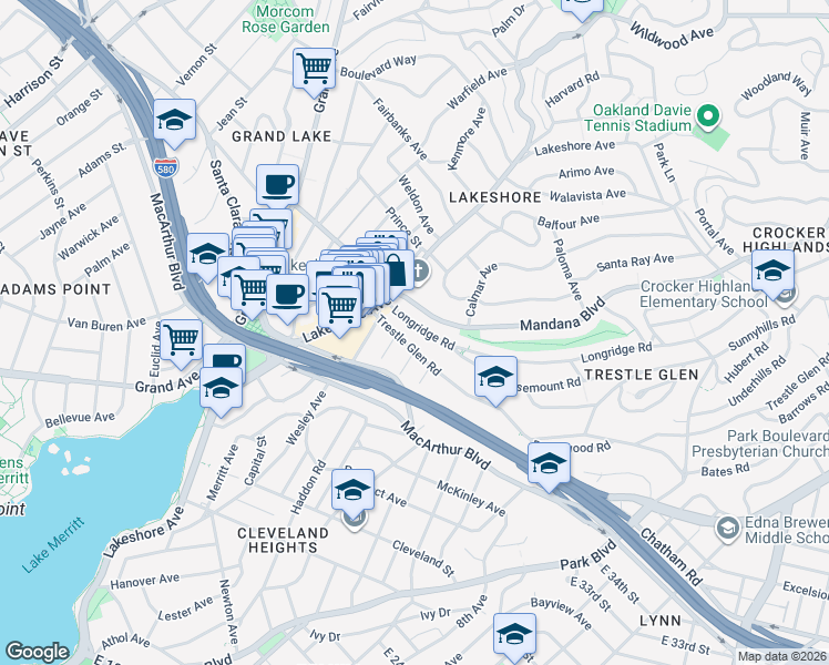 map of restaurants, bars, coffee shops, grocery stores, and more near 654 Longridge Road in Oakland