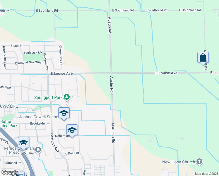 map of restaurants, bars, coffee shops, grocery stores, and more near 16661 South Austin Road in Manteca