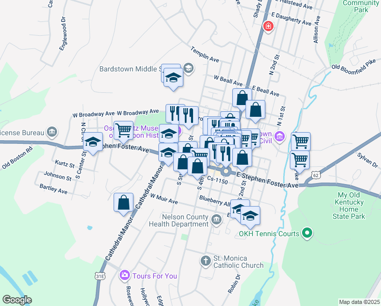 map of restaurants, bars, coffee shops, grocery stores, and more near 107 North 5th Street in Bardstown