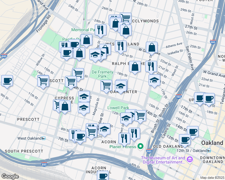 map of restaurants, bars, coffee shops, grocery stores, and more near 1511 Adeline Street in Oakland