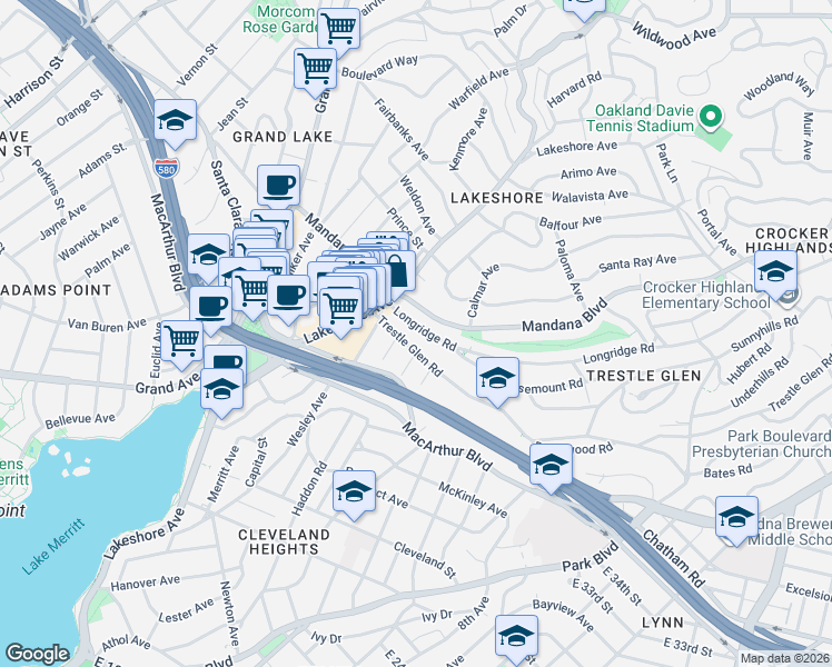 map of restaurants, bars, coffee shops, grocery stores, and more near 654 Longridge Road in Oakland