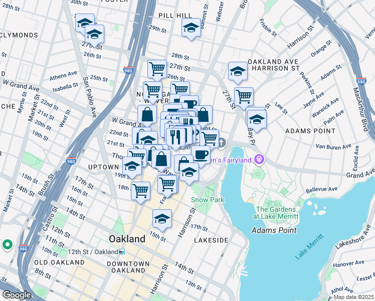 map of restaurants, bars, coffee shops, grocery stores, and more near in Oakland