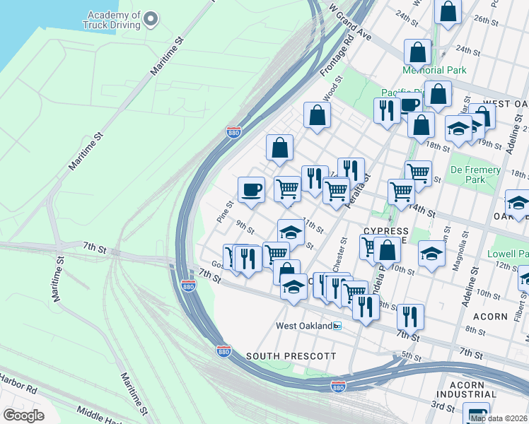 map of restaurants, bars, coffee shops, grocery stores, and more near in Oakland