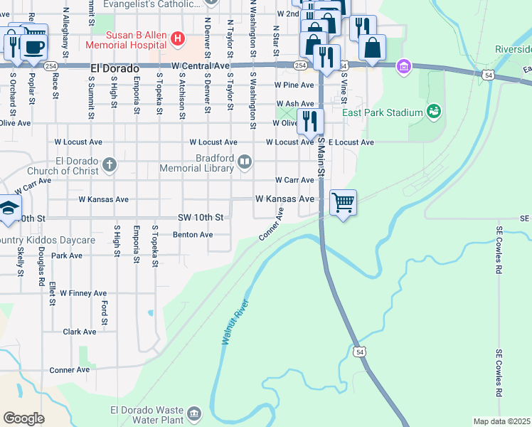 map of restaurants, bars, coffee shops, grocery stores, and more near 816 South Washington Street in El Dorado