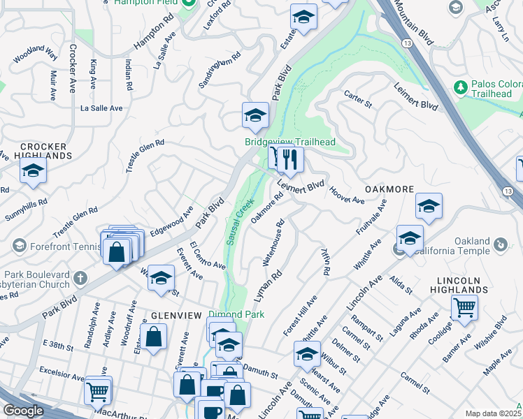 map of restaurants, bars, coffee shops, grocery stores, and more near 4107 Oakmore Road in Oakland
