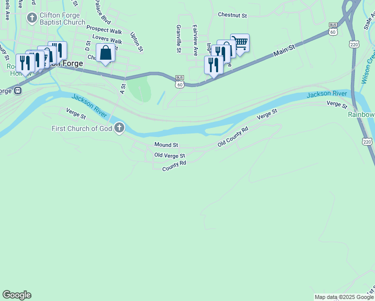 map of restaurants, bars, coffee shops, grocery stores, and more near Old Verge Street in Clifton Forge