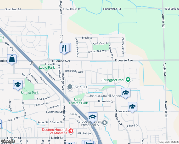 map of restaurants, bars, coffee shops, grocery stores, and more near 1532 Brookdale Way in Manteca