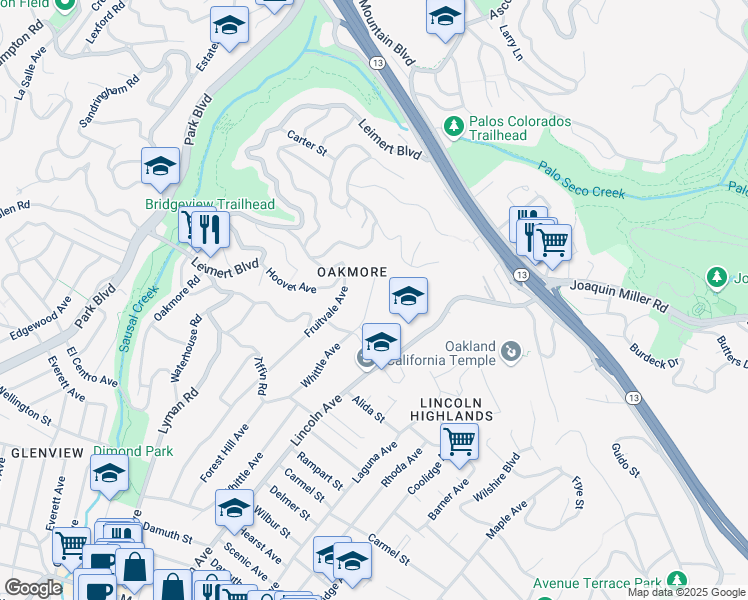 map of restaurants, bars, coffee shops, grocery stores, and more near 4336 Whittle Avenue in Oakland