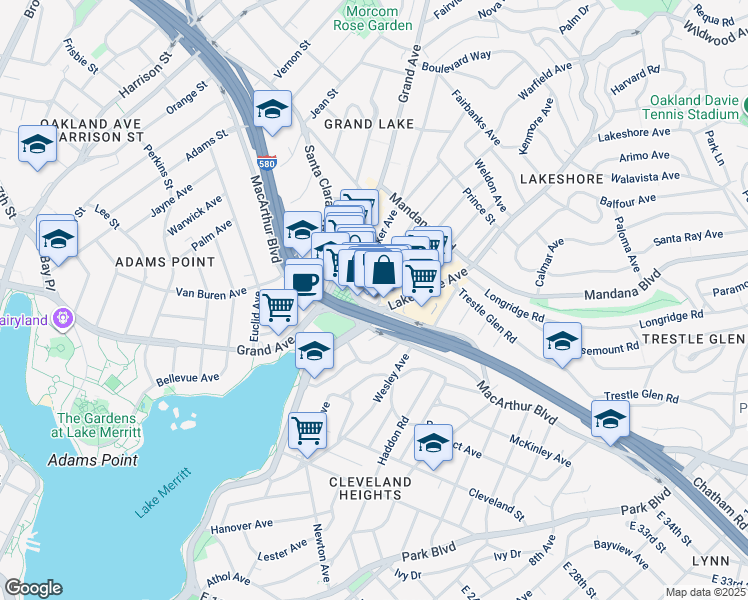 map of restaurants, bars, coffee shops, grocery stores, and more near 746 Grand Avenue in Oakland