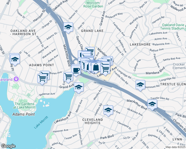 map of restaurants, bars, coffee shops, grocery stores, and more near 746 Grand Avenue in Oakland