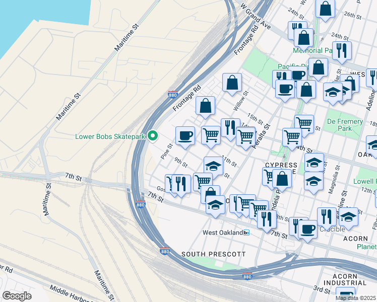 map of restaurants, bars, coffee shops, grocery stores, and more near 10th St & Wood St in Oakland