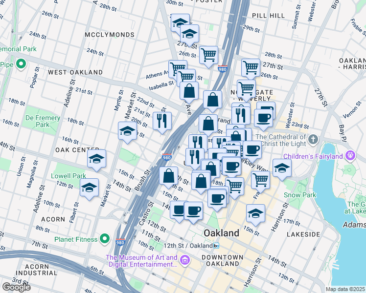 map of restaurants, bars, coffee shops, grocery stores, and more near 660 Thomas L Berkley Way in Oakland