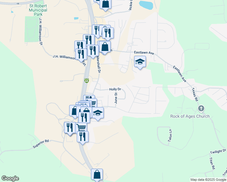 map of restaurants, bars, coffee shops, grocery stores, and more near 121 Holly Drive in Saint Robert