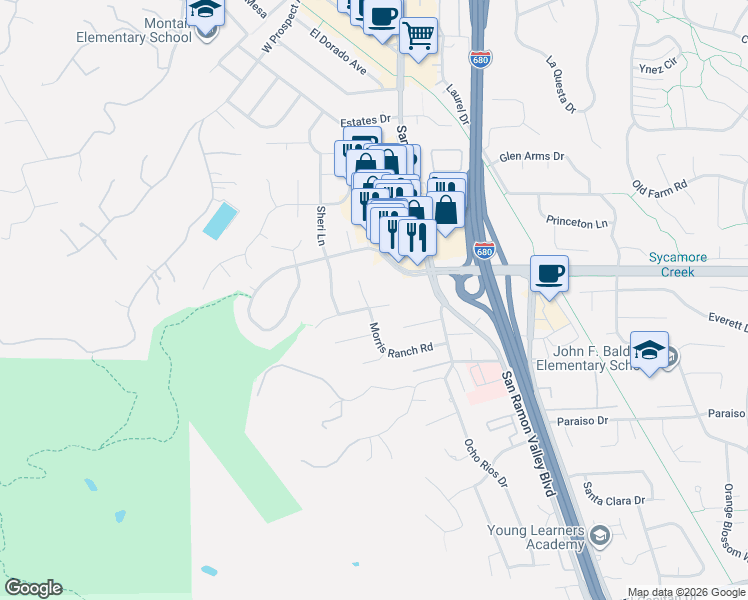 map of restaurants, bars, coffee shops, grocery stores, and more near 240 Morris Ranch Court in Danville