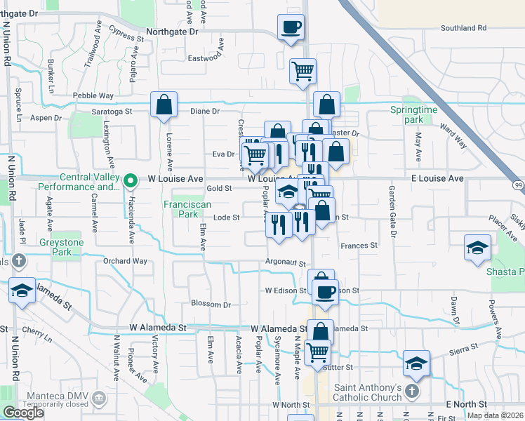 map of restaurants, bars, coffee shops, grocery stores, and more near 1017 Poplar Avenue in Manteca
