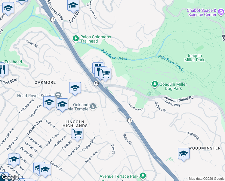 map of restaurants, bars, coffee shops, grocery stores, and more near 2958 Hedge Court in Oakland