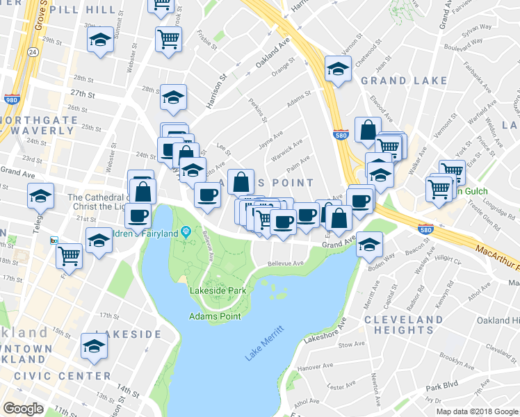 map of restaurants, bars, coffee shops, grocery stores, and more near 406 Lee Street in Oakland