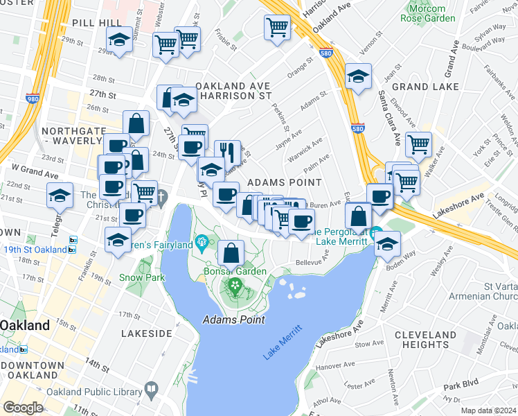 map of restaurants, bars, coffee shops, grocery stores, and more near 320 Lenox Avenue in Oakland