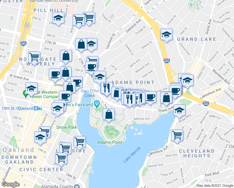 map of restaurants, bars, coffee shops, grocery stores, and more near 320 Lenox Avenue in Oakland