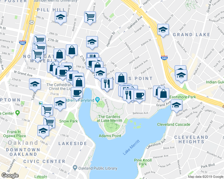 map of restaurants, bars, coffee shops, grocery stores, and more near 330 Park View Terrace in Oakland