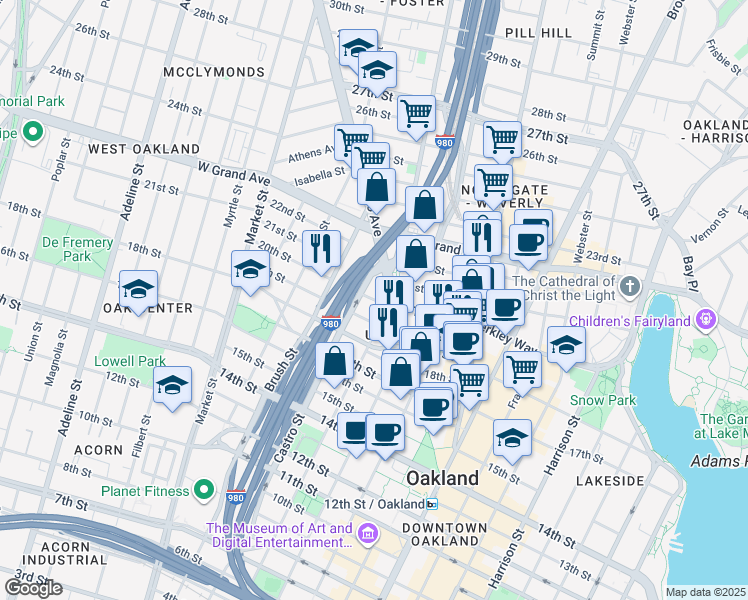 map of restaurants, bars, coffee shops, grocery stores, and more near 660 Thomas L Berkley Way in Oakland